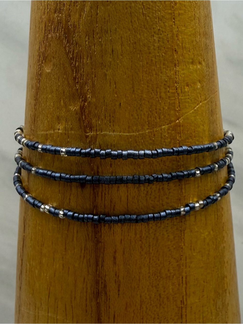 Navy and Clear Seed Bead Bracelet with Silver Slide Bead Closure
